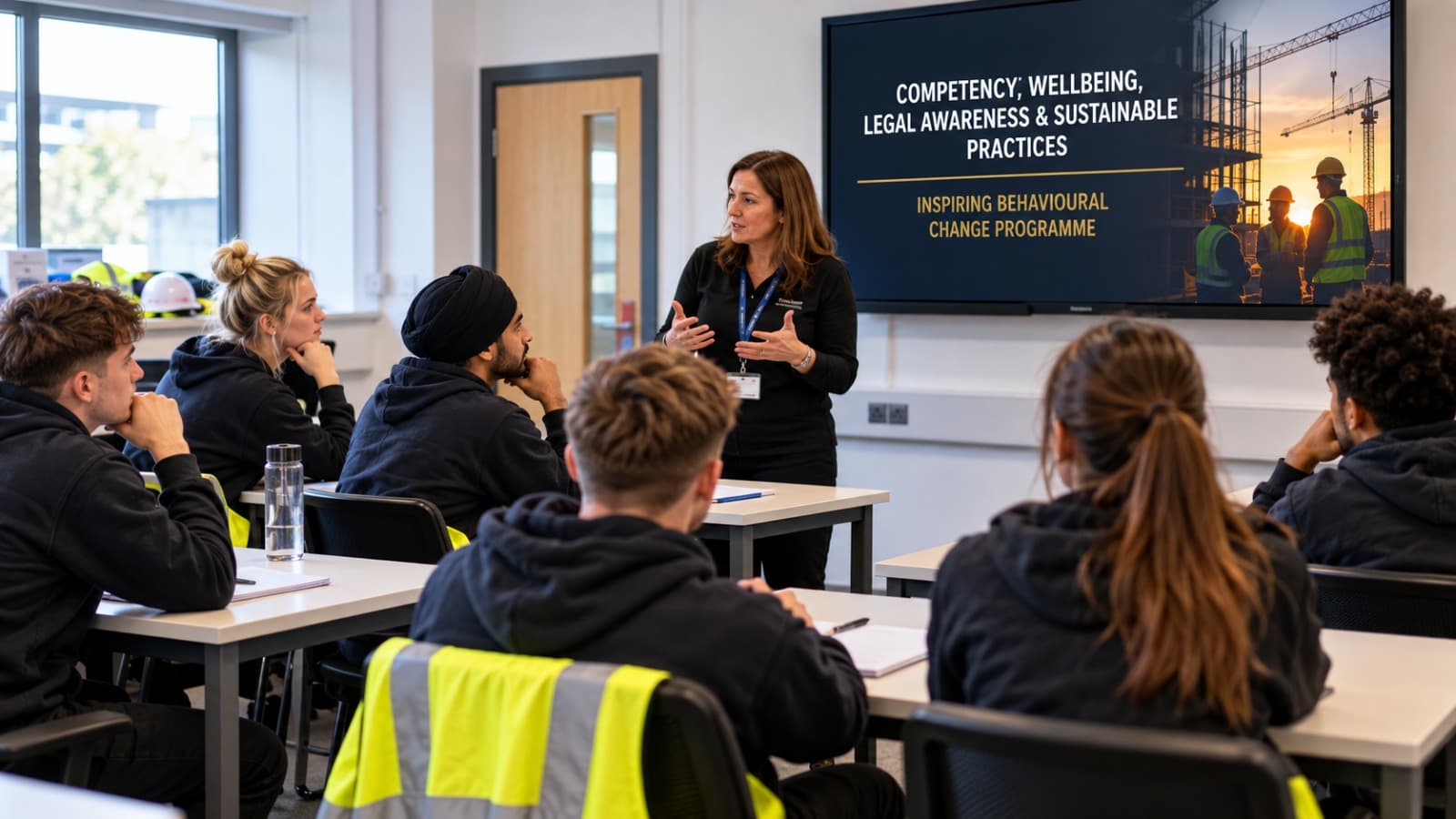 Trainer delivering the Inspiring Behavioural Change Programme to a classroom of learners
